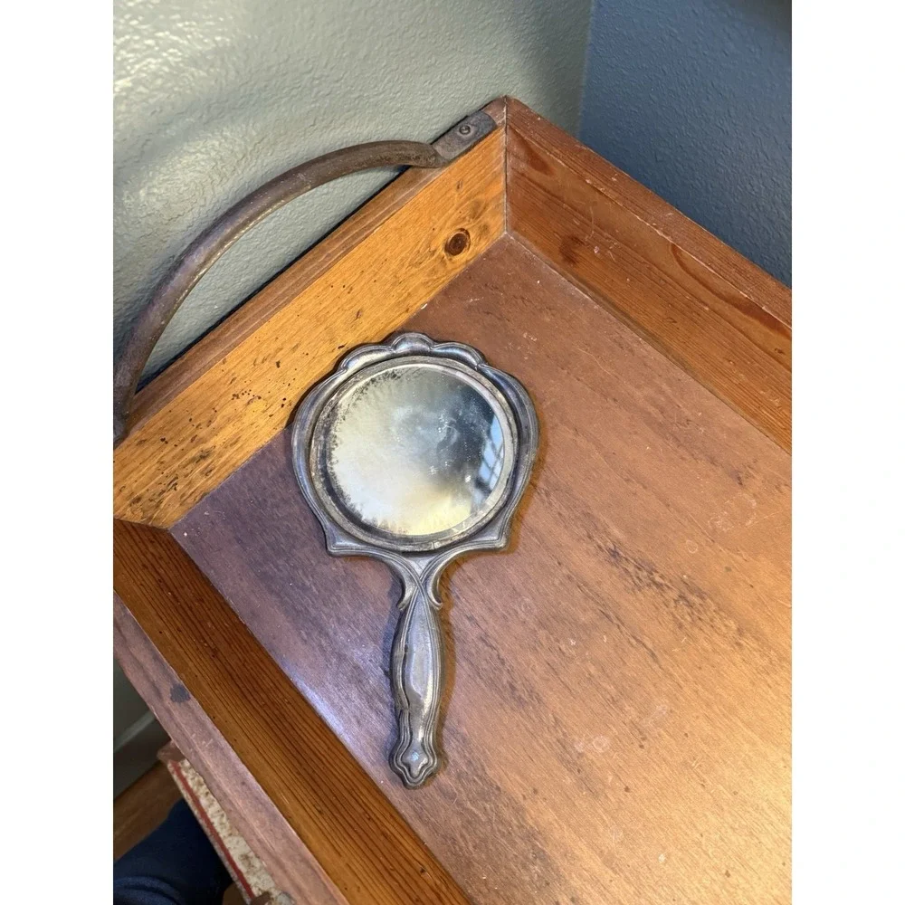 Antique Art Nouveau Hand Mirror Frame Monogrammed Vanity Mirror Silverplate 9